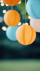 Fototapeta premium Colorful lanterns hang delicately, creating a vibrant atmosphere for celebrations.