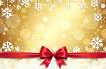 gold festive background with white snowflakes, garlands and christmas decorations and a red bow tied at the bottom