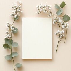 Wedding Invitation Mockup with Eucalyptus and Gypsophila on Beige
