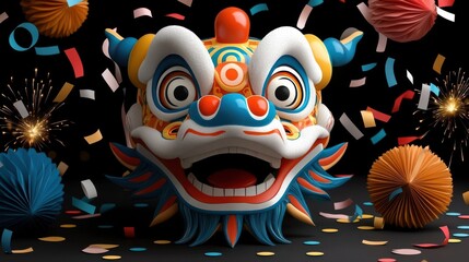 Vibrant and colorful carnival scene with clown masks fireworks confetti and other festive The image captures the joy energy and excitement of a lively festival or parade event