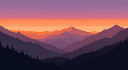 Obraz premium Stylized Mountain Sunset Vector Landscape