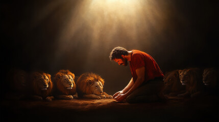 An illustration of the Daniel thrown into the lions den praying to God․