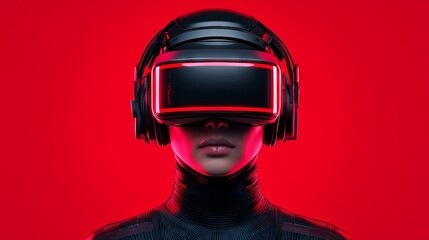 In a futuristic scene, a woman wearing a virtual reality headset is bathed in neon red light, exploring immersive technology within a sci-fi environment.