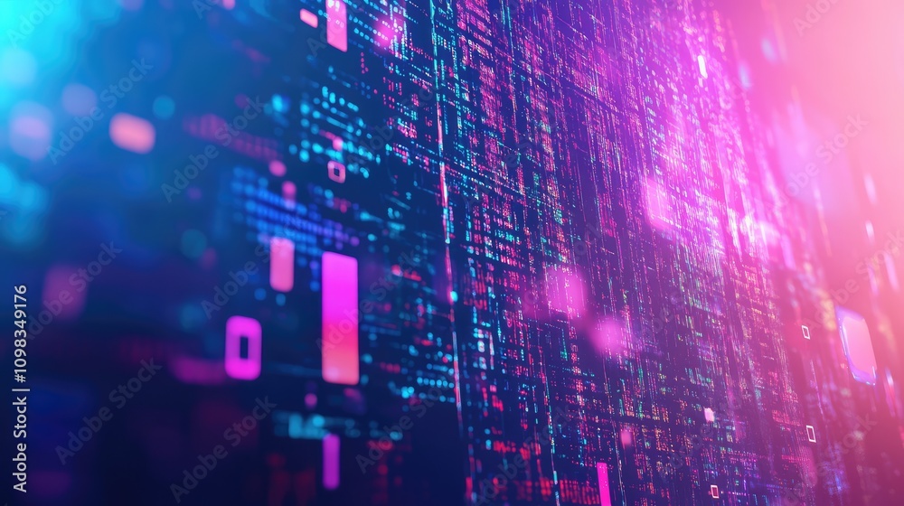 Poster broken data stream, with overlapping layers of distorted text and geometric shapes in neon hues