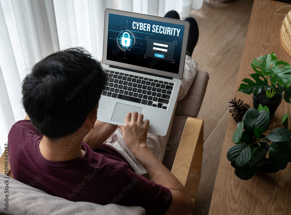 Poster cyber security system on computer screen protect private information snugly from hacker and cyber at