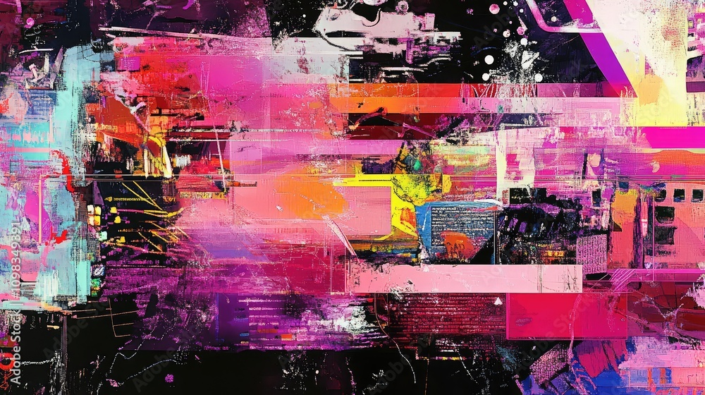 Poster broken data stream, with overlapping layers of distorted text and geometric shapes in neon hues