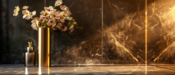 Fototapeta premium Luxury, marble interior of bathroom with countertop, sink, golden accessories, cosmetics, product bottles. Showcase. Contemporary hotel design. Generative ai
