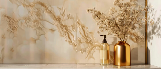 Obraz premium Luxury, marble interior of bathroom with countertop, sink, golden accessories, cosmetics, product bottles. Showcase. Contemporary hotel design. Generative ai