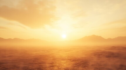 Obraz premium Hazy Desert Landscape at Dusk with Softly Blurred Sand Dunes Under a Golden Sky and Mysterious Mountain Silhouettes in the Distance