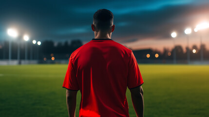 Fototapeta premium The back of a soccer player walking toward the illuminated field, their red jersey and confident stride symbolizing readiness and focus.