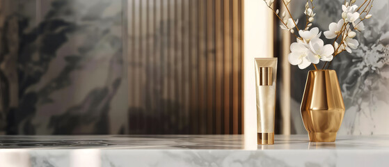 Cosmetic product presentation.Showcase. Luxury, marble interior of bathroom with countertop, silk, golden accessories, cosmetics, product bottles. Contemporary hotel design. Generative ai