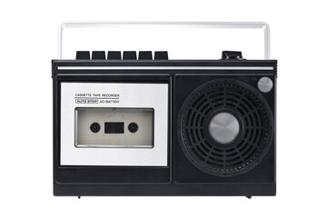 Obraz premium Old vintage cassette tape recorder with audiotape 70s isolated on white background. Music listening concept. Vintage. 