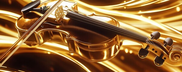 Naklejka premium A hyper-detailed shot of a violin bow gliding over strings, the fine horsehair and vibrations vividly rendered in warm light