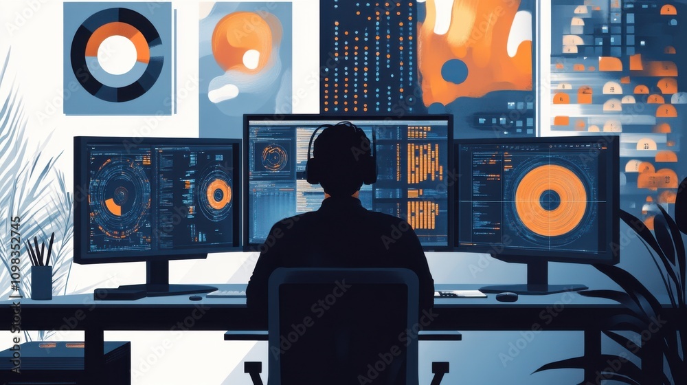 Poster futuristic workspace with multiple monitors and data