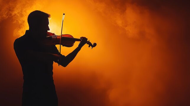 A musician playing a violin in a dimly lit room, their focused expression and the polished wood of the instrument glowing warmly