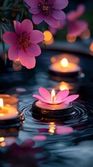 Floating candles and pink flowers create a serene atmosphere at dusk by the water