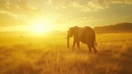 Naklejka premium Elephant at Sunset in Serene Natural Environment