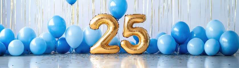 Festive setting with golden '25' balloons and blue decorations for a celebration.