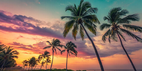 Obraz premium Vibrant tropical palm trees with a retro sunset background