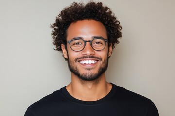 Obraz premium Young man with curly hair and glasses smiling confidently against neutral background