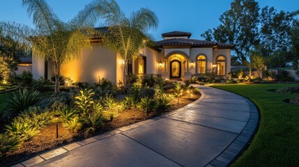 Obraz premium Evening View of a Modern Home with Landscaped Yard and Walkway