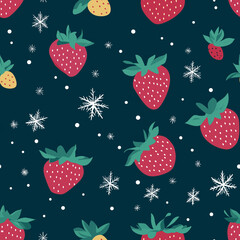 Strawberries and snowflakes - seamless christmas pattern with snowflakes