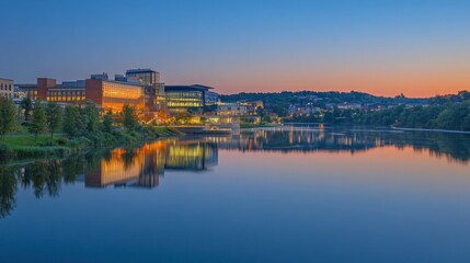 Obraz premium Serene Evening Reflection of Modern Buildings by Calm River Water