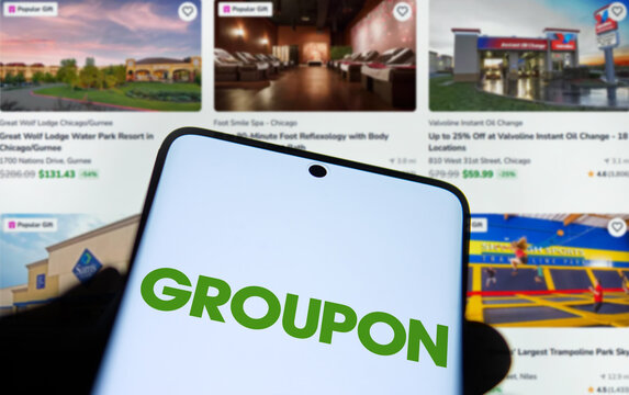 Dhaka, Bangladesh- 19 Nov 2024: Groupon logo is displayed on smartphone. Groupon Inc is an American global e-commerce marketplace.