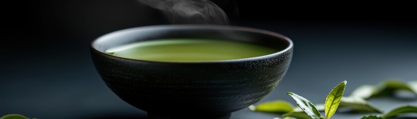 A steaming bowl of vibrant green tea, surrounded by fresh tea leaves, set against a dark background.