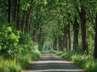 Peaceful tree-lined pathway through lush green forest on a sunny day