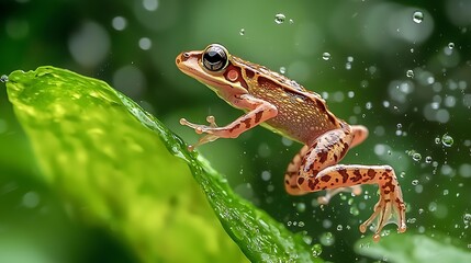 Obraz premium Vibrant Frog Leaping on Green Leaf Rain Nature Wildlife