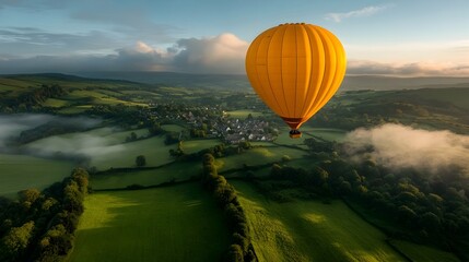 Obraz premium Peaceful hot air balloon drifting effortlessly over a picturesque countryside panorama with lush green rolling hills a quaint village nestled in the distance
