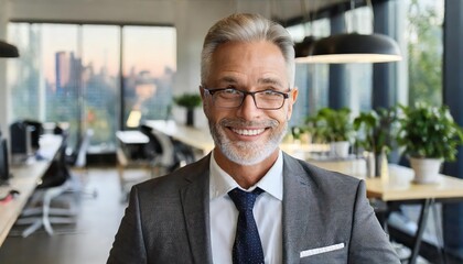 Fototapeta premium Confident and cheerful mid-aged senior business executive standing in modern office environment, exuding leadership, professionalism, and experience in a corporate setting.