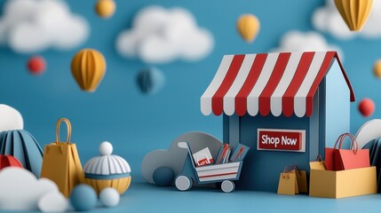 Online shopping e commerce store with retail business and technology displaying shopping bags delivery service cloud and transportation icons on a colorful background