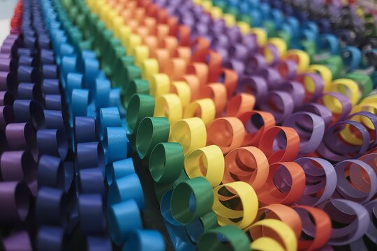 a vibrant array of colorful, curled ribbons or tapes