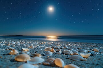 Obraz premium Moonlit shore with scattered seashells under a starry sky creating a serene landscape.