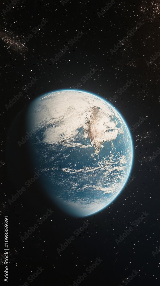 Wall mural view of earth from space showing clouds and oceans with a starry background