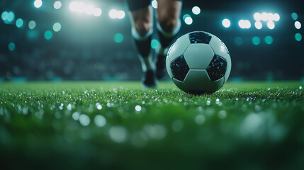 Naklejka premium The focused movement of a soccer player's legs as they chase the ball, the green grass vibrant under the glowing lights of the arena.