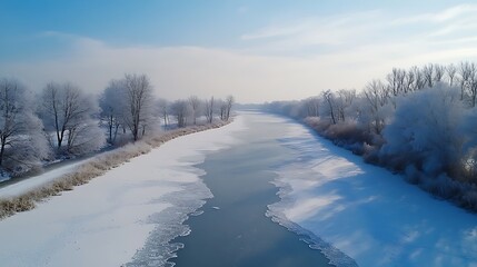 Obraz premium A serene winter landscape featuring a frozen river surrounded by frosted trees.