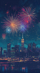Fireworks over the city at nighttime firework for holiday festival and celebration background