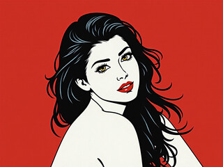 Pop art woman showing her bare shoulder on red background