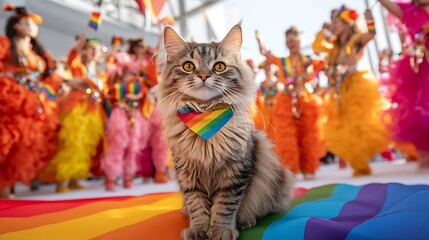 Playful Cat with Rainbow Heart Collar Surrounded by Colorful Celebration at Pride Event, with Festive Crowd in Bright Costumes and Vibrant Background