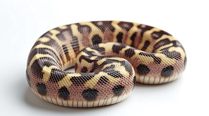 Obraz premium Close-up of a coiled python with intricate patterns and scales on a white background.