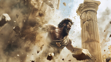 In a moment of intense determination, Samson exerts his might, shattering ancient pillars. Dust swirls as he embodies strength and defiance, surrounded by flying stone debris