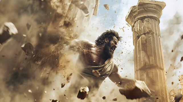 In a moment of intense determination, Samson exerts his might, shattering ancient pillars. Dust swirls as he embodies strength and defiance, surrounded by flying stone debris