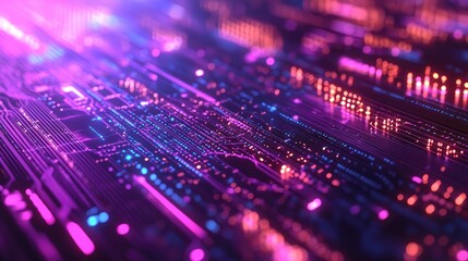 Obraz premium Close-up view of data clusters resembling microscopic cells, with neon colors and soft digital noise effects