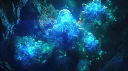 Fototapeta premium Cluster of molecular shapes, each node subtly pulsating with electric blue and green light