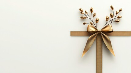 Golden Bow with Long Ribbon Isolated on White Background - Holiday Decoration Vector Illustration