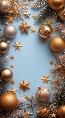 Fototapeta premium Festive arrangement of gold and silver ornaments on a light blue background