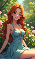 Naklejka premium A young woman, with flowing red hair and wearing a light blue dress, smiles while sitting among blooming flowers in a sunny garden, exuding a joyful and relaxed atmosphere.
